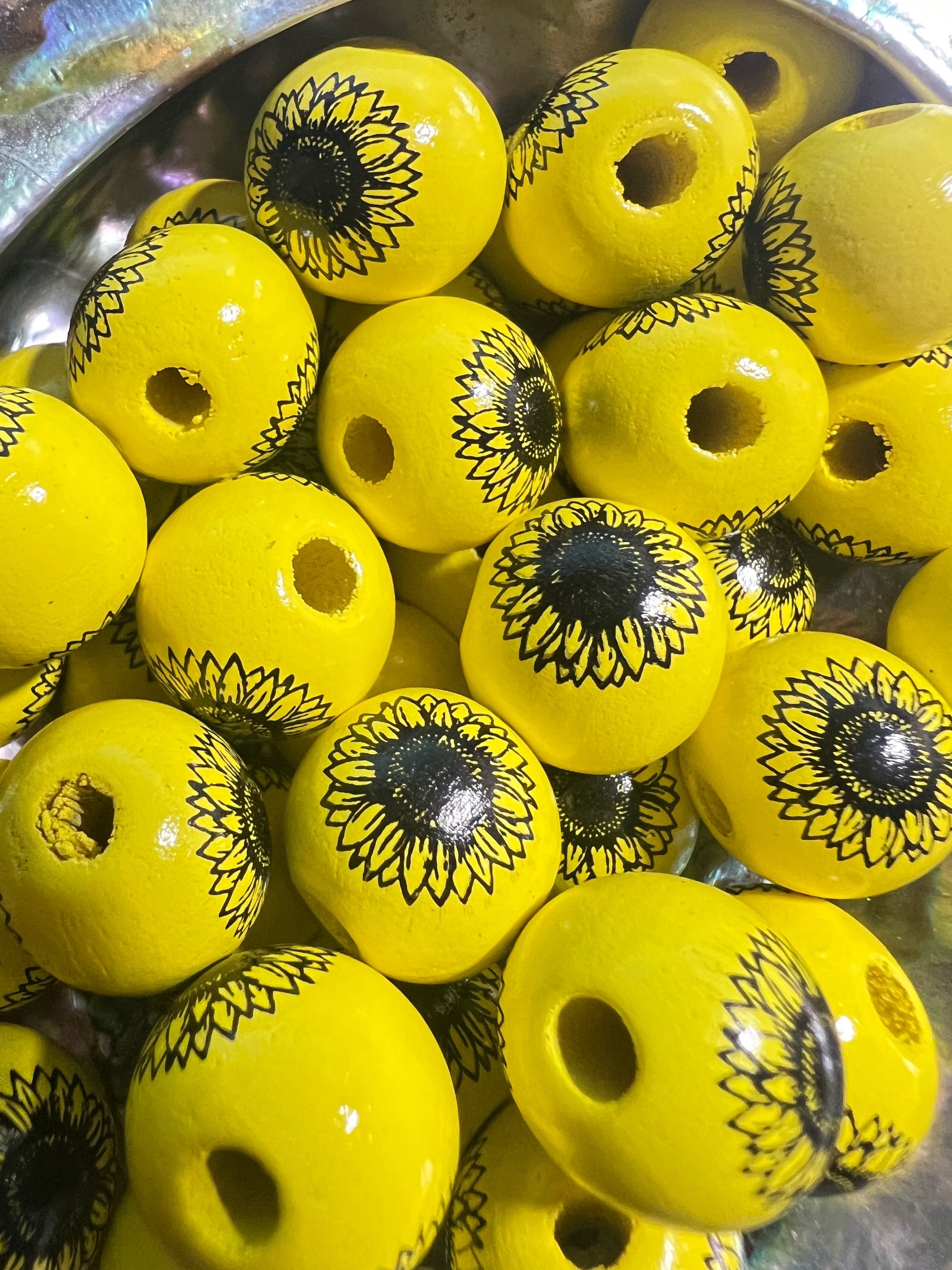 10 PCS-  16mm Yellow/Black Sunflower Wooden Bead image 1