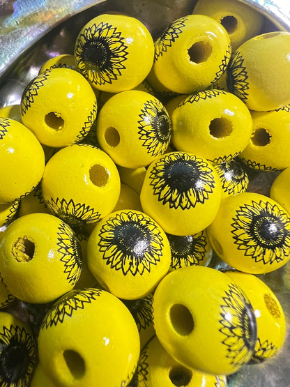 10 PCS-  16mm Yellow/Black Sunflower Wooden Bead image 1