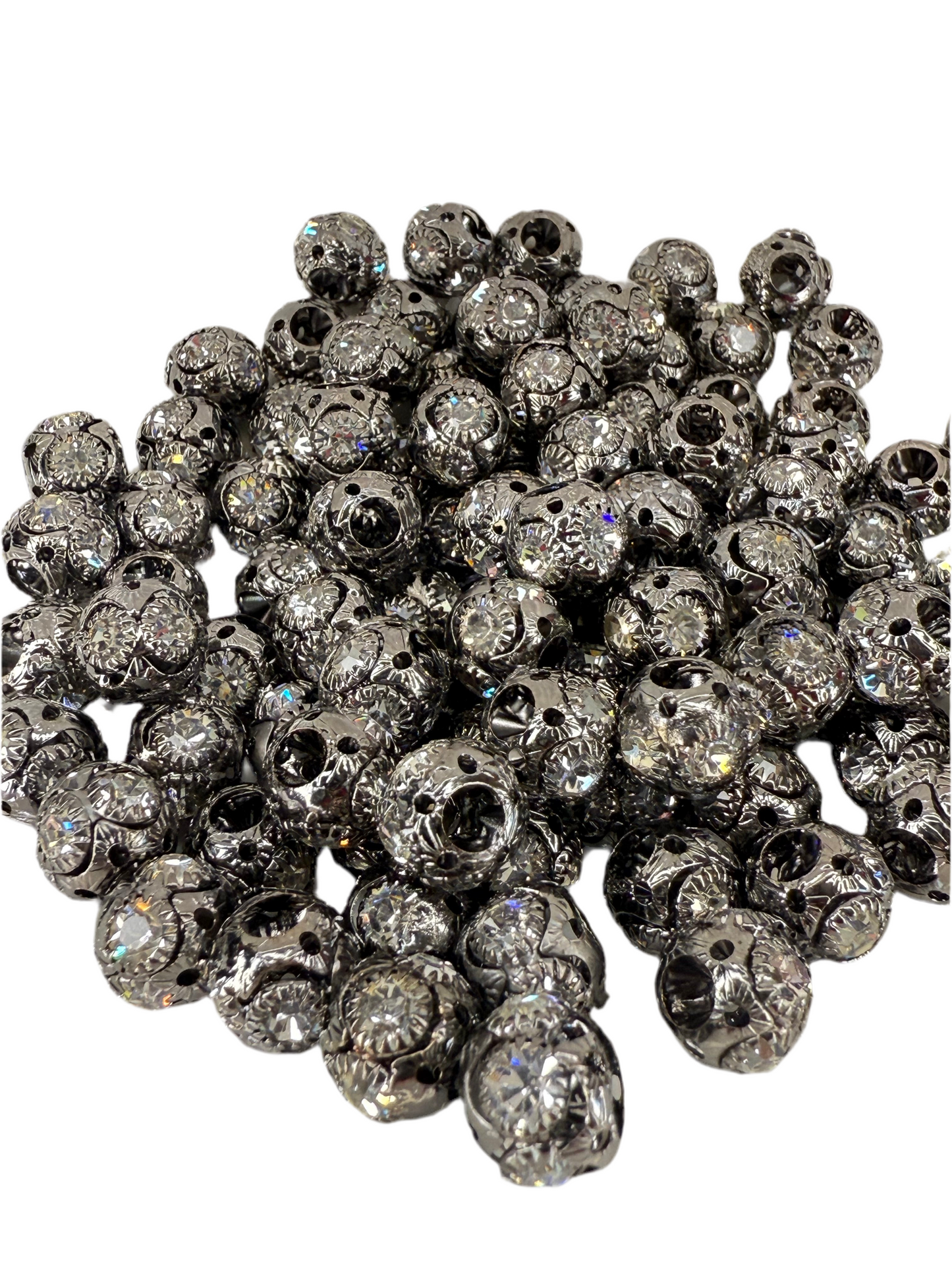 R87-(10PCS) 10mm High-Quality Charcoal Gray Round W/Rhinestone Alloy Spacer/Wheel Beads for DIY