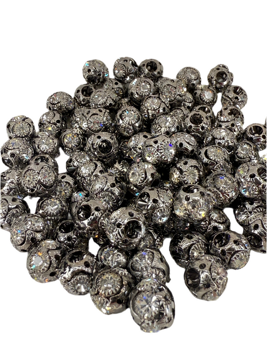 R87-(10PCS) 10mm High-Quality Charcoal Gray Round W/Rhinestone Alloy Spacer/Wheel Beads for DIY