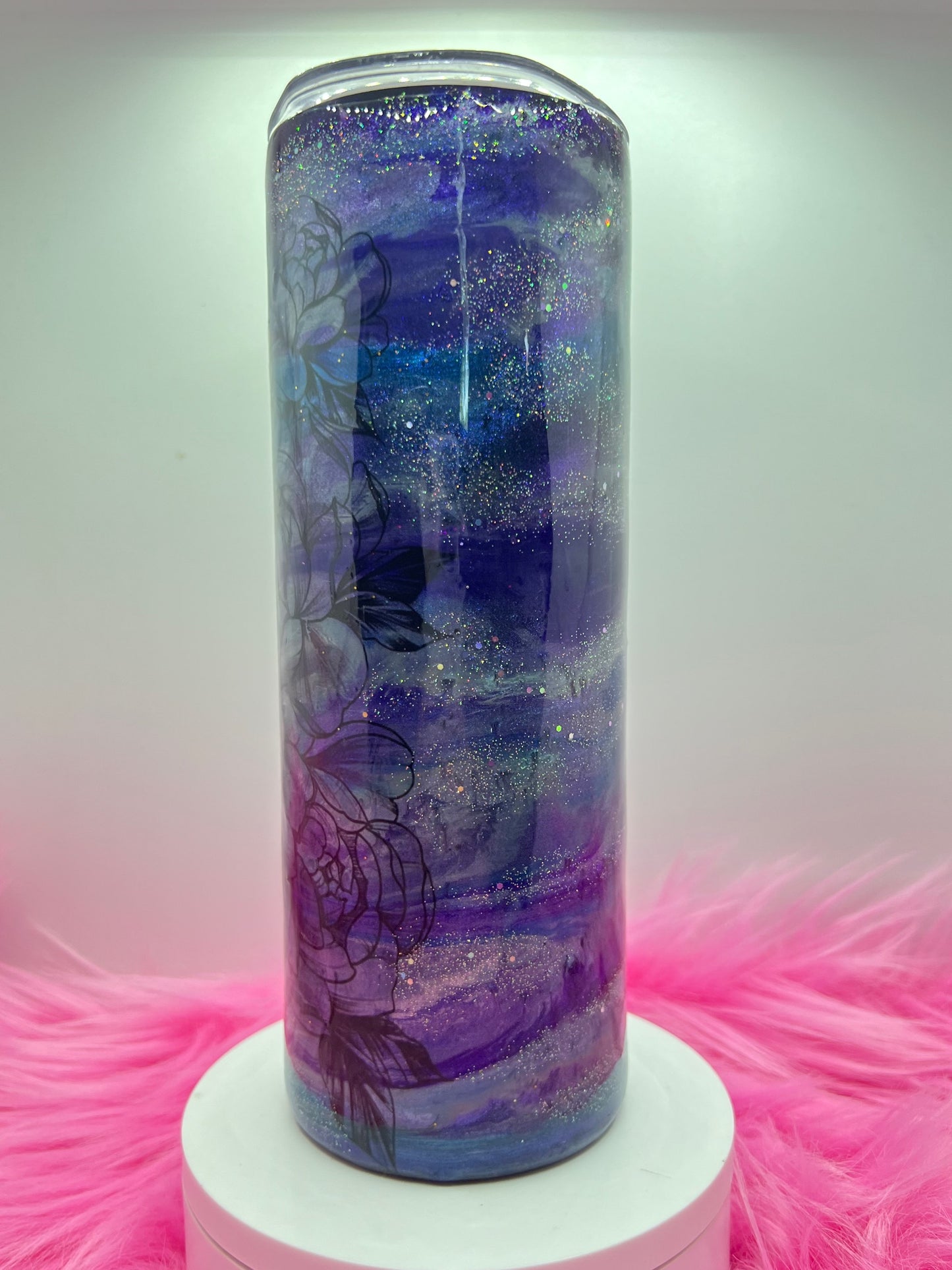 (1)- RTS 20oz Straight FLORAL purple/blue MILKY WAY ink/glitter Epoxy Tumbler image 3