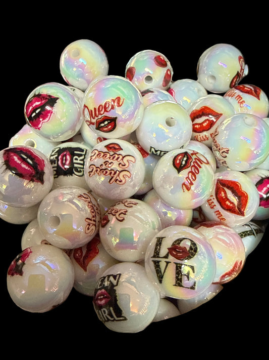 B134- (10PCS) 15mm Round UVAB WHITE Lips/Mean Girl/Queen MIX Acrylic Beads for DIY