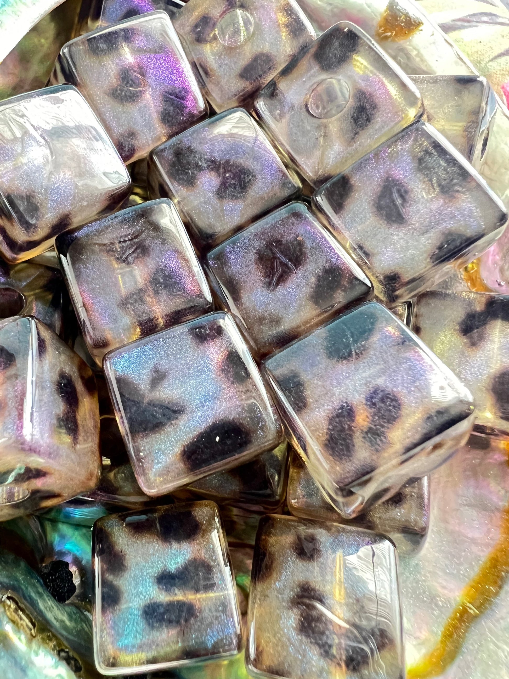 5 PCS - 16mm Clear/Black Leopard Design UVAB Iridescent Rainbow Glitter Beads image 0