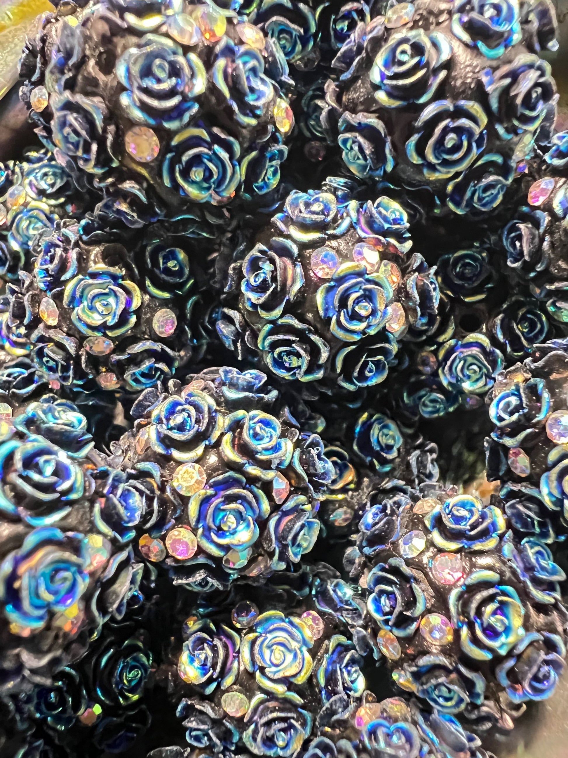 5 PCS- 18mm Fancy Round Black AB Roses/Rhinestones Clay Beads image 1
