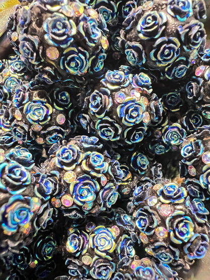 5 PCS- 18mm Fancy Round Black AB Roses/Rhinestones Clay Beads image 1