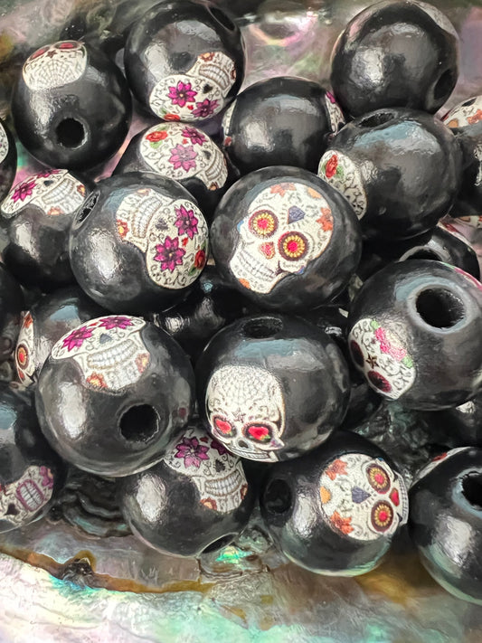4 PCS-14mm Dia Day Los Muertos Sugar Skull printed on Black Wood Beads image 0