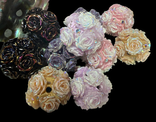 FFB3- (5PCS) 20mm Fancy AB Roses W/Rhinestone Silicone Touch Round Mixed Colors Beads for DIY