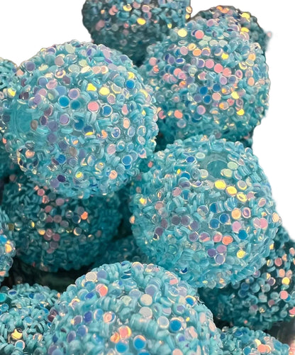 R26 SKY BLUE- (10PCS) 20mm Bubblegum Acrylic Sugar Beads Coated with Glitter Flakes Beads for DIY