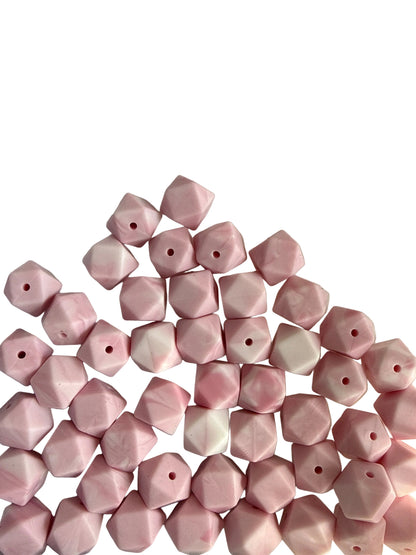 SILB33- (10PCS) 18mm Hexagon PINK/WHITE SWIRL Color SILICONE beads for DIY