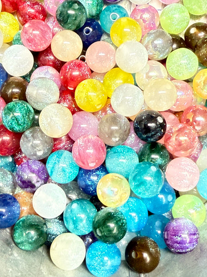 SB8- (10PCS) 12mm UVAB Round Shaped Multicolor Rainbow Galaxy Glitter Mix Acrylic Beads for DIY