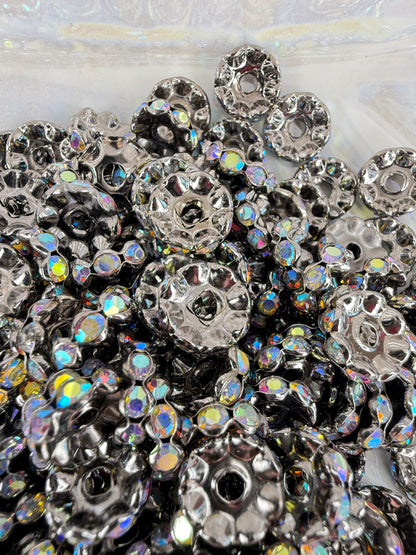 R79-(10PCS) 12mm Charcoal Gray Silver AB Rhinestone Wavy Round Style Acrylic/Plastic Spacer Beads for DIY