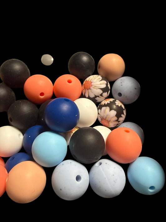 SILB18- (10PCS) 15mm Round Multicolored Floral Coral/White/Blues/Black MIX of SILICONE beads for DIY