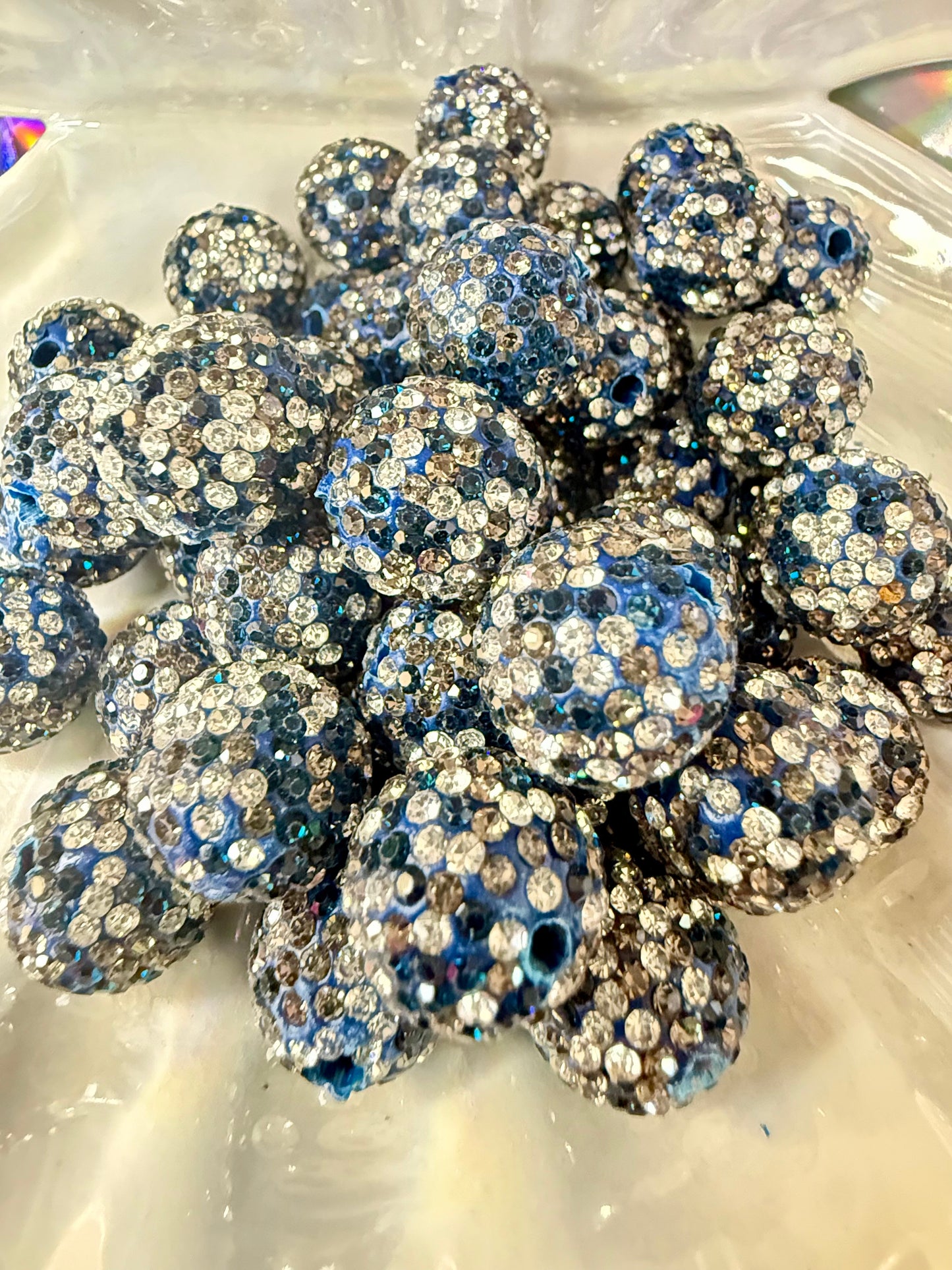 R15- (10PCS) 16mm Navy/Silver/Charcoal Pave-rhinestones with Polymer Clay Core Beads for DIY