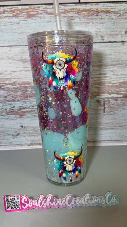 (1)- Ready To Ship PINK/TEAL DUAL LAVA Floral Western Skull Design 32oz ACRYLIC Snow Globe Tumbler