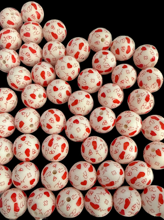 SILB9- (10PCS) 15mm Round Red/White Nurse Stethoscope/Heartrate/Heart mix of SILICONE beads for DIY