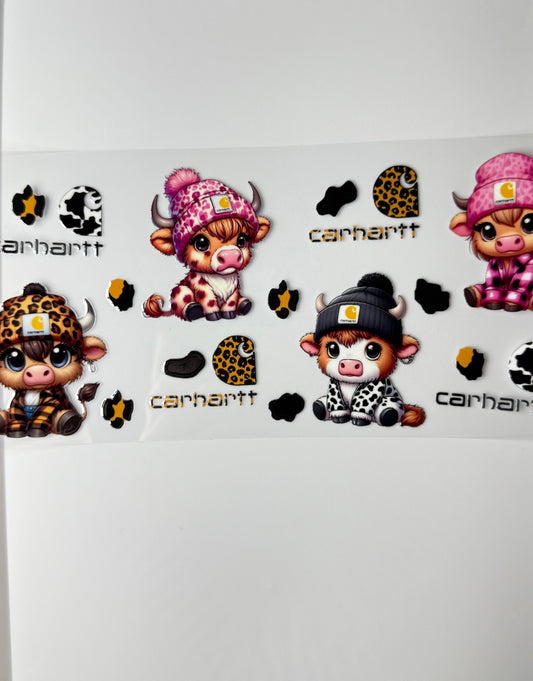 C79- Carharrt Cute cows with Camo beanies 16OZ UV DTF Transfer Wrap/Sticker for Cup/Tumbler