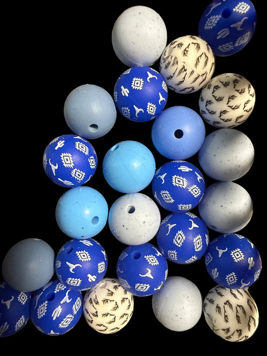 SILB19- (10PCS) 15mm Round Multicolored Aztec/Western Blue Color MIX of SILICONE beads for DIY