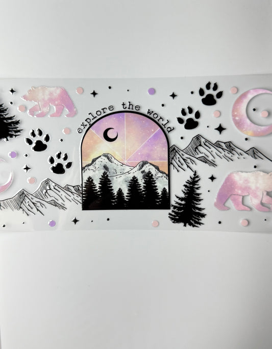 C71- Explore the world with black/white/pastel moon, bears, paws, and mountains  16OZ UV DTF Transfer Wrap/Sticker for Cup/Tumbler