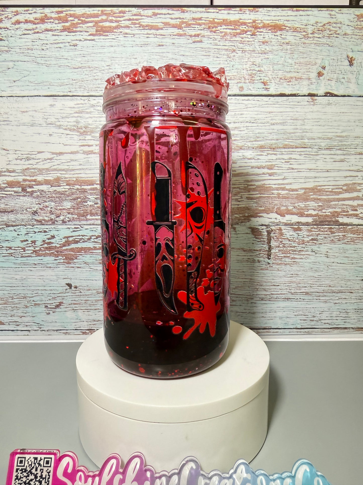 (1)- Ready To Ship /BOYS OF HALLOWEEN HORROR BL00D DRIP Design 16OZ ACRYLIC Snow Globe Tumbler
