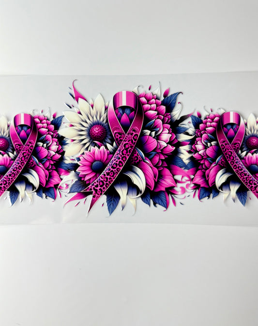 C86- Pink Cancer Ribbon with leopard print, and white/black/Pink flowers 16OZ UV DTF Transfer Wrap/Sticker for Cup/Tumbler