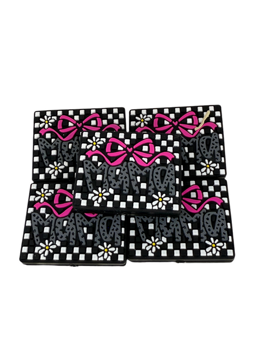 F23- (1)PC 1.1" MAMA W/Bow/Daisy/Checker print... Focal Bead for DIY Keychains, Wristlets, Cup Charms, Car Charms ETC