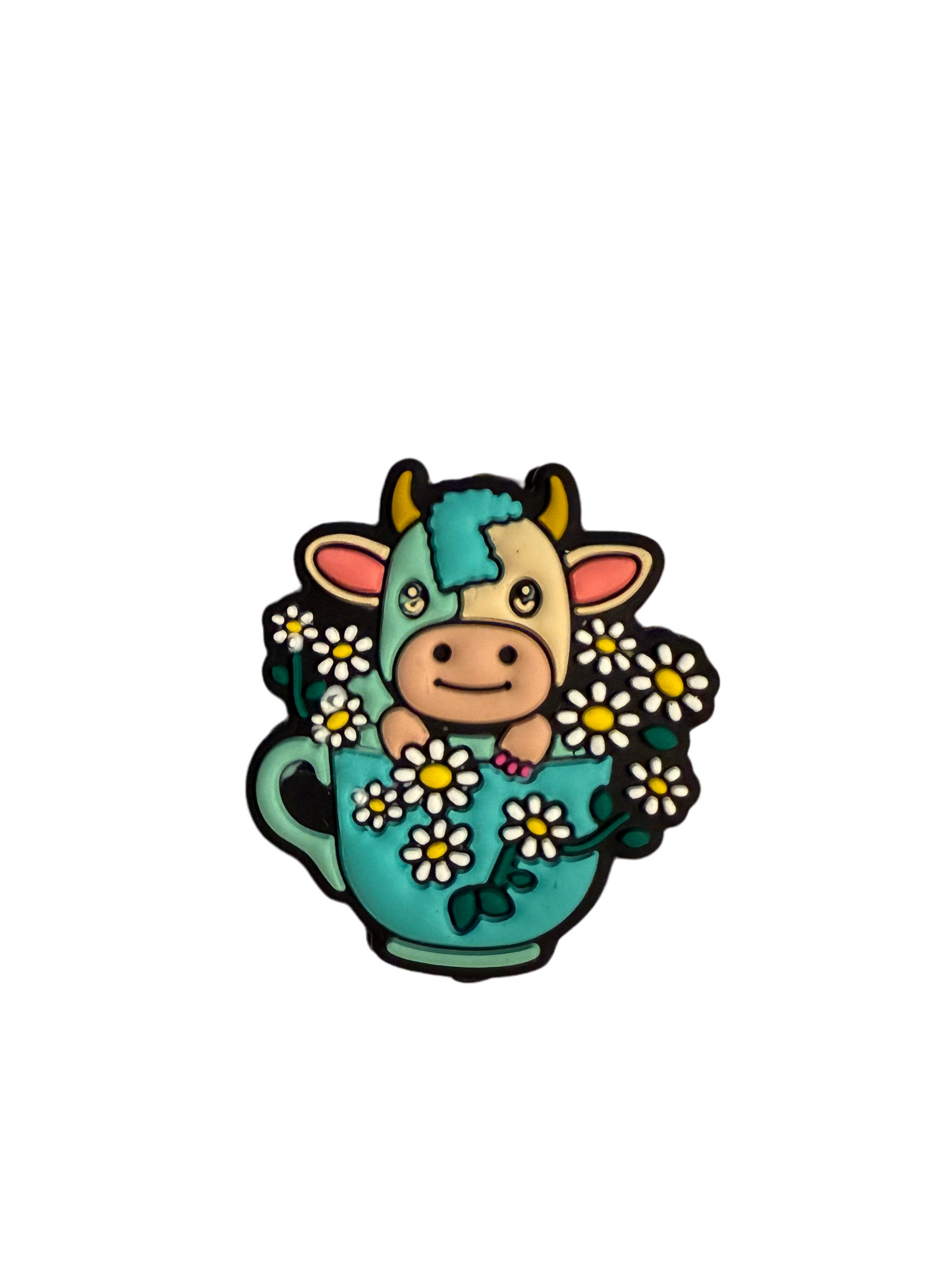 F/A7- (1)PC 1.2" Cute Highland Cow in Teacup W/Flowers Focal Bead for DIY Keychains, Wristlets, Cup Charms, Car Charms ETC