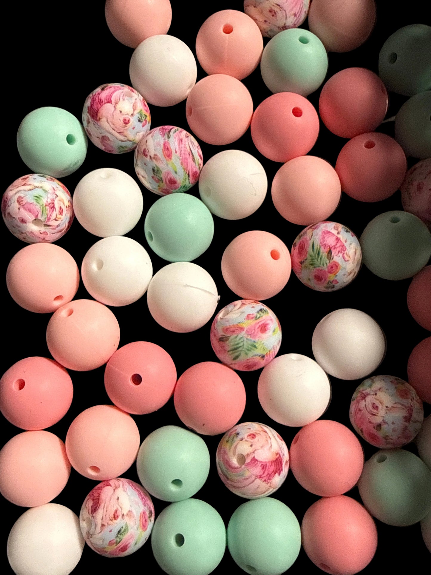 SILB17- (10PCS) 15mm Round Multicolored Floral Mint/White/Pinks MIX of SILICONE beads for DIY