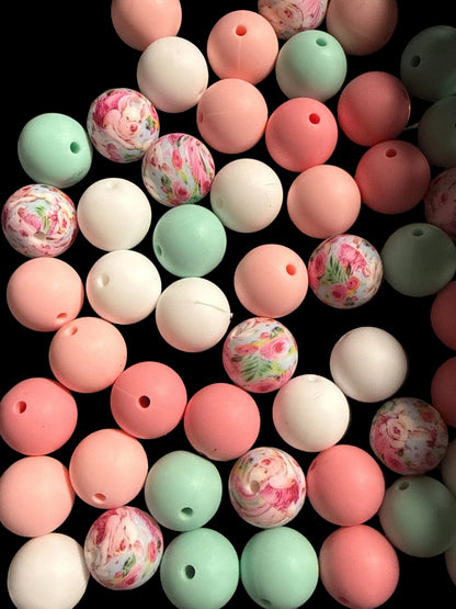 SILB17- (10PCS) 15mm Round Multicolored Floral Mint/White/Pinks MIX of SILICONE beads for DIY