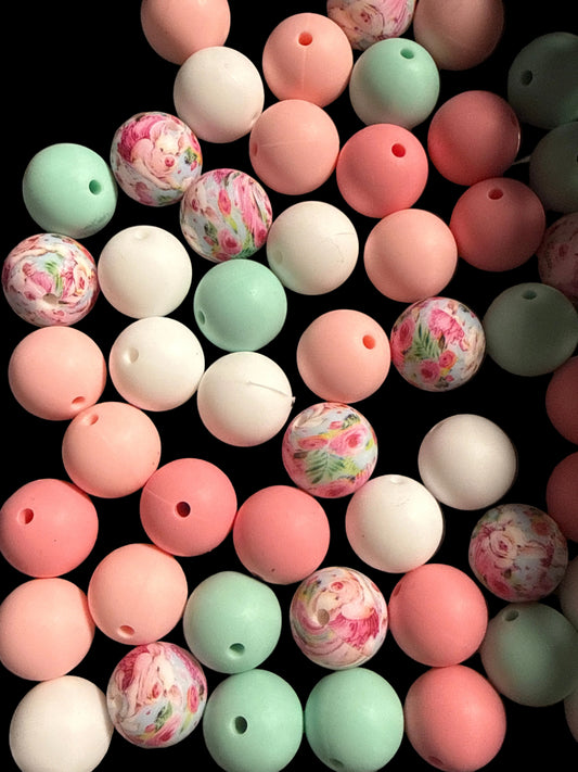 SILB17- (10PCS) 15mm Round Multicolored Floral Mint/White/Pinks MIX of SILICONE beads for DIY