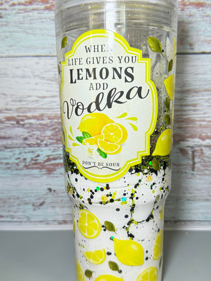 (1)- Ready To Ship White LAVA When Life Gives You LEMONS 40oz ACRYLIC W/Handle Snow Globe Tumbler
