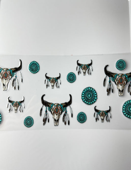 C9- Western Skull with Feathers & Turquoise 16OZ UV DTF Transfer Wrap/Sticker for Cup/Tumbler
