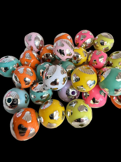 B16- (10PCS) 16mm Mixed Color w/silver hearts Bubblegum Acrylic Beads for DIY