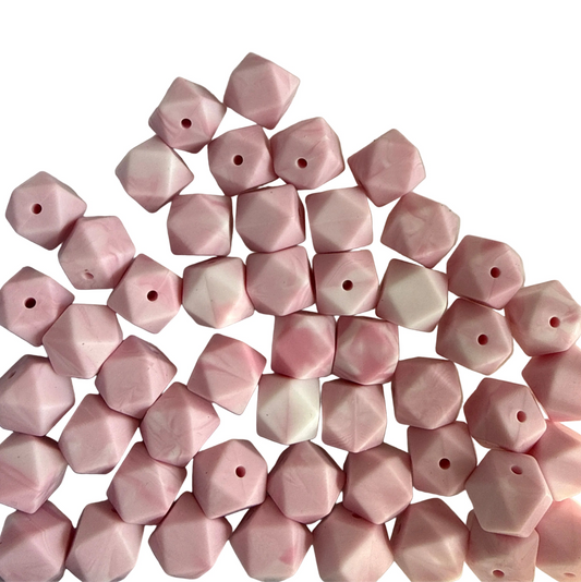 SILB33- (10PCS) 18mm Hexagon PINK/WHITE SWIRL Color SILICONE beads for DIY