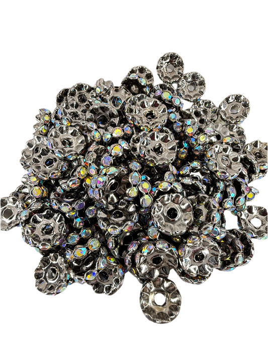 R79-(10PCS) 12mm Charcoal Gray Silver AB Rhinestone Wavy Round Style Acrylic/Plastic Spacer Beads for DIY