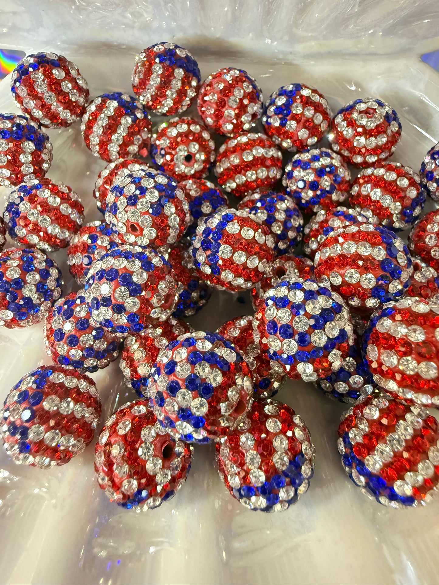 R18- (5PCS) 16mm American Flag Striped Red/White/Blue Pave-rhinestones with Polymer Clay Core Beads for DIY