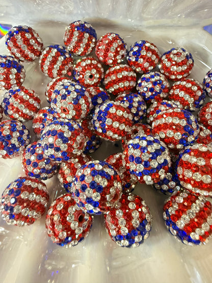 R18- (5PCS) 16mm American Flag Striped Red/White/Blue Pave-rhinestones with Polymer Clay Core Beads for DIY