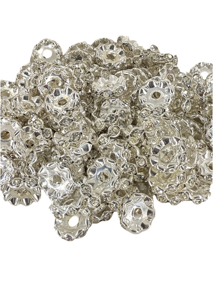R78-(10PCS) 12mm Clear SILVER Rhinestone Wavy Round Style Acrylic/Plastic Spacer Beads for DIY
