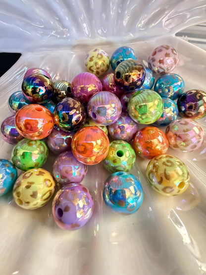 B12- (10PCS) 16mm Mixed Color UVAB Leopard Print Bubblegum Mixed Acrylic Beads for DIY