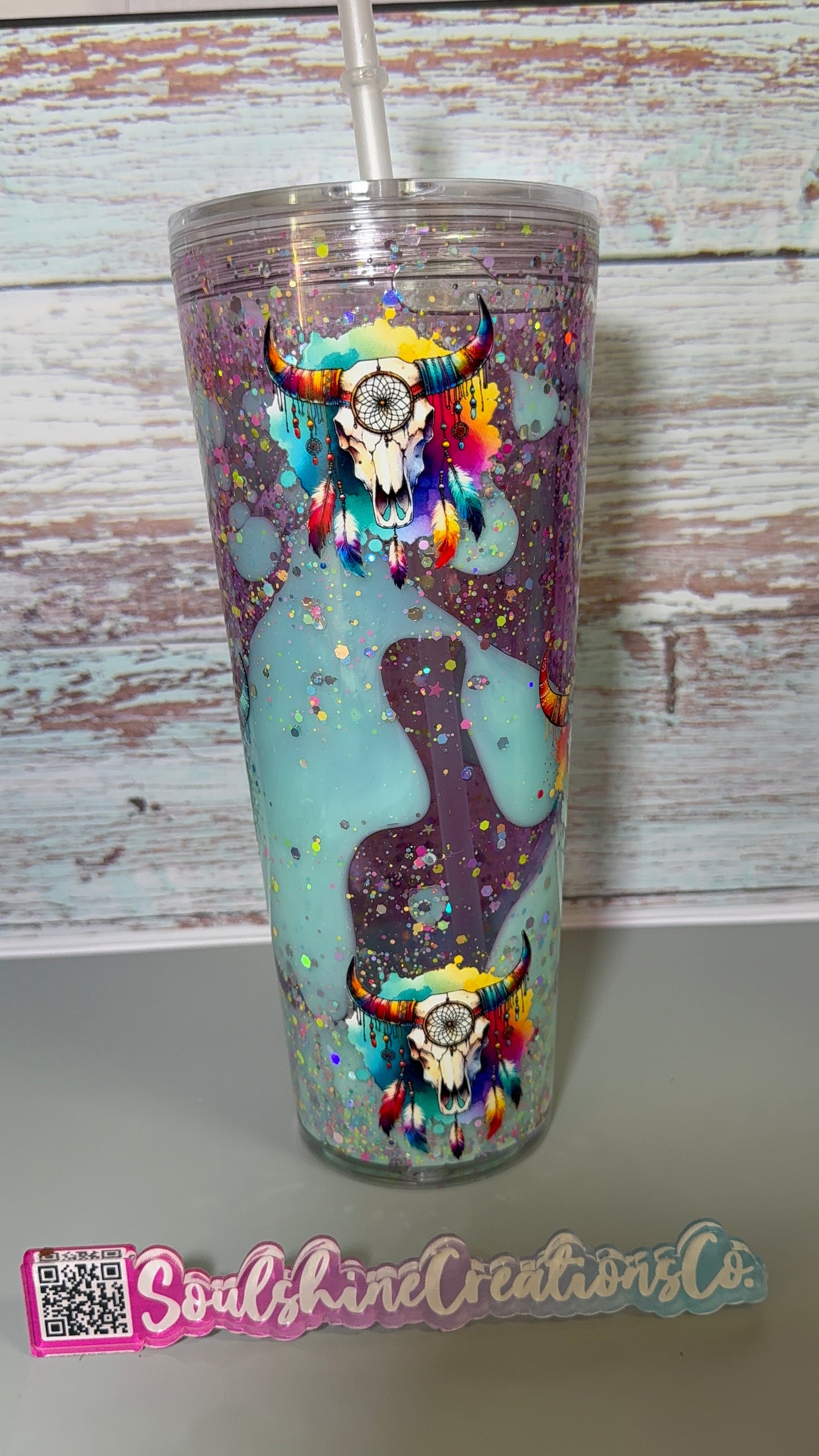 (1)- Ready To Ship PINK/TEAL DUAL LAVA Floral Western Skull Design 32oz ACRYLIC Snow Globe Tumbler