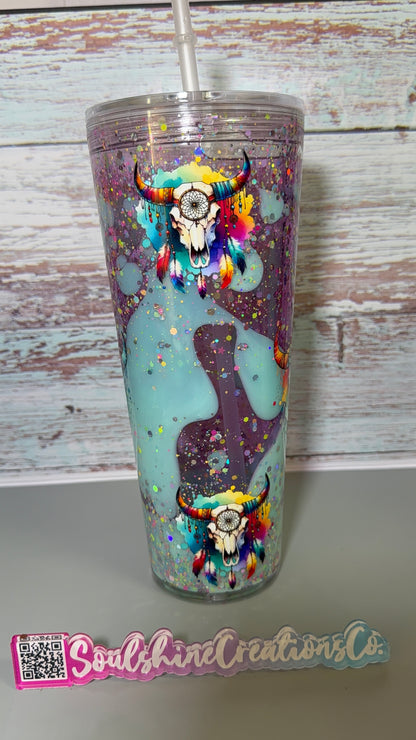 (1)- Ready To Ship PINK/TEAL DUAL LAVA Floral Western Skull Design 32oz ACRYLIC Snow Globe Tumbler