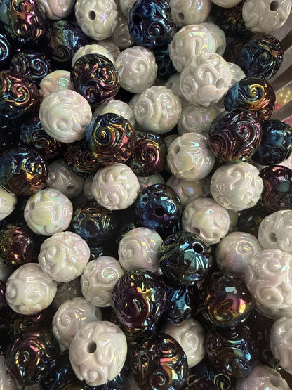 B75- (10PCS) 15mm Black/White UVAB Round Ornate Swirls Acrylic Beads For DIY
