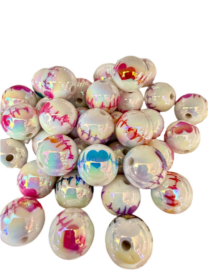 B3- (10PCS) 16mm White UVAB w/Multicolor Heart rate Bubblegum Mixed Acrylic Beads for DIY