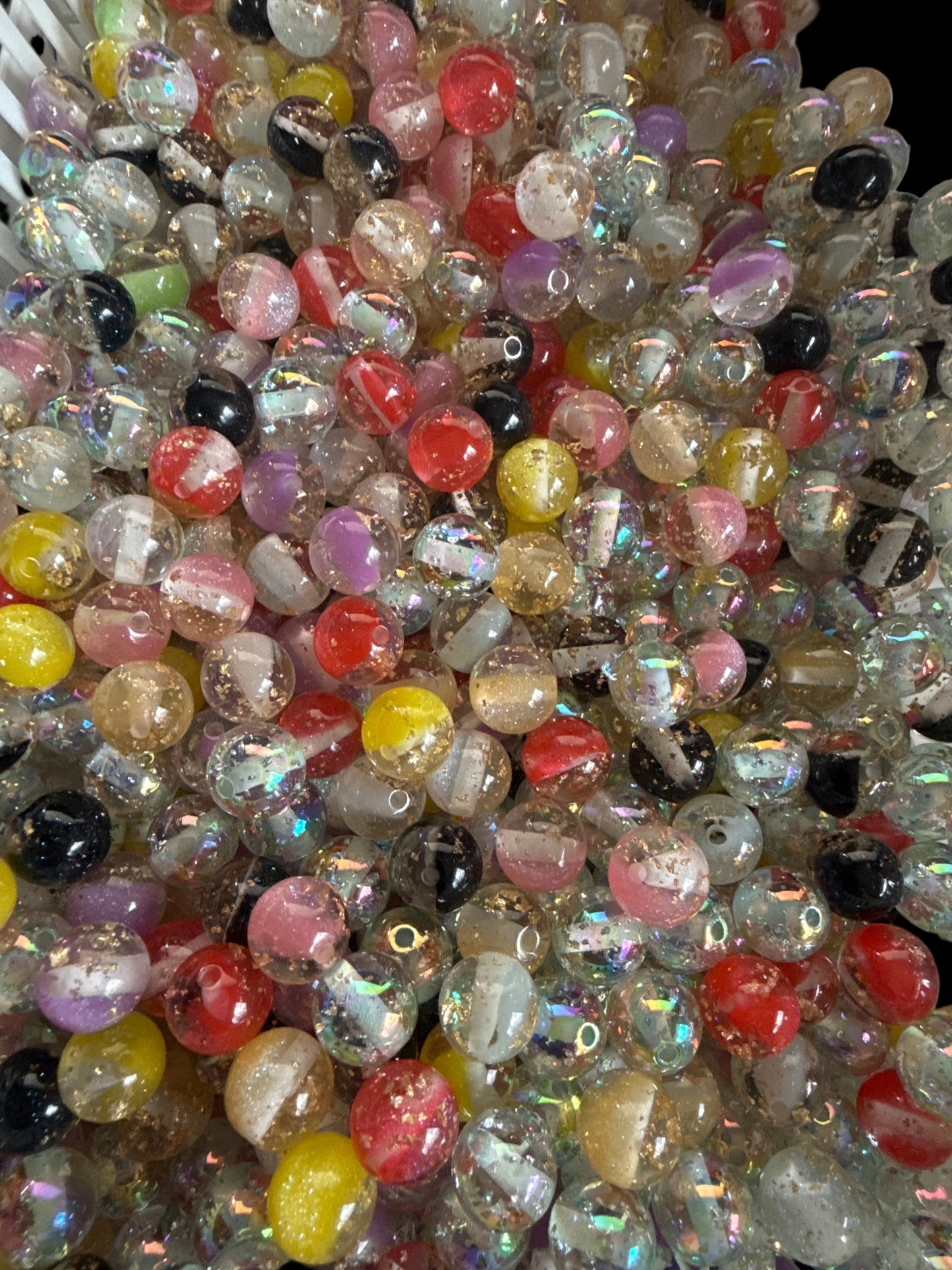 SB14- (10PCS) 12mm Round Mixed Colors Clear W/Flower Inside/ Gold Flake Resin Beads