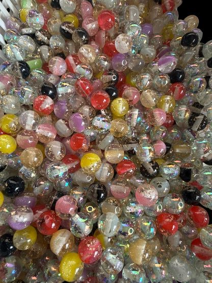 SB14- (10PCS) 12mm Round Mixed Colors Clear W/Flower Inside/ Gold Flake Resin Beads