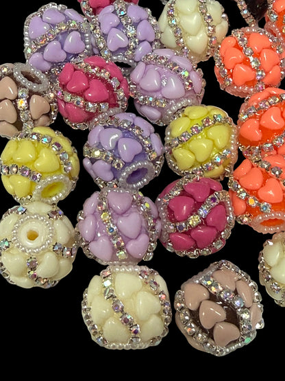 R138- (5PCS) 19mm High Quality Mixed Colors Round Rhinestone W/Hearts Beads for DIY