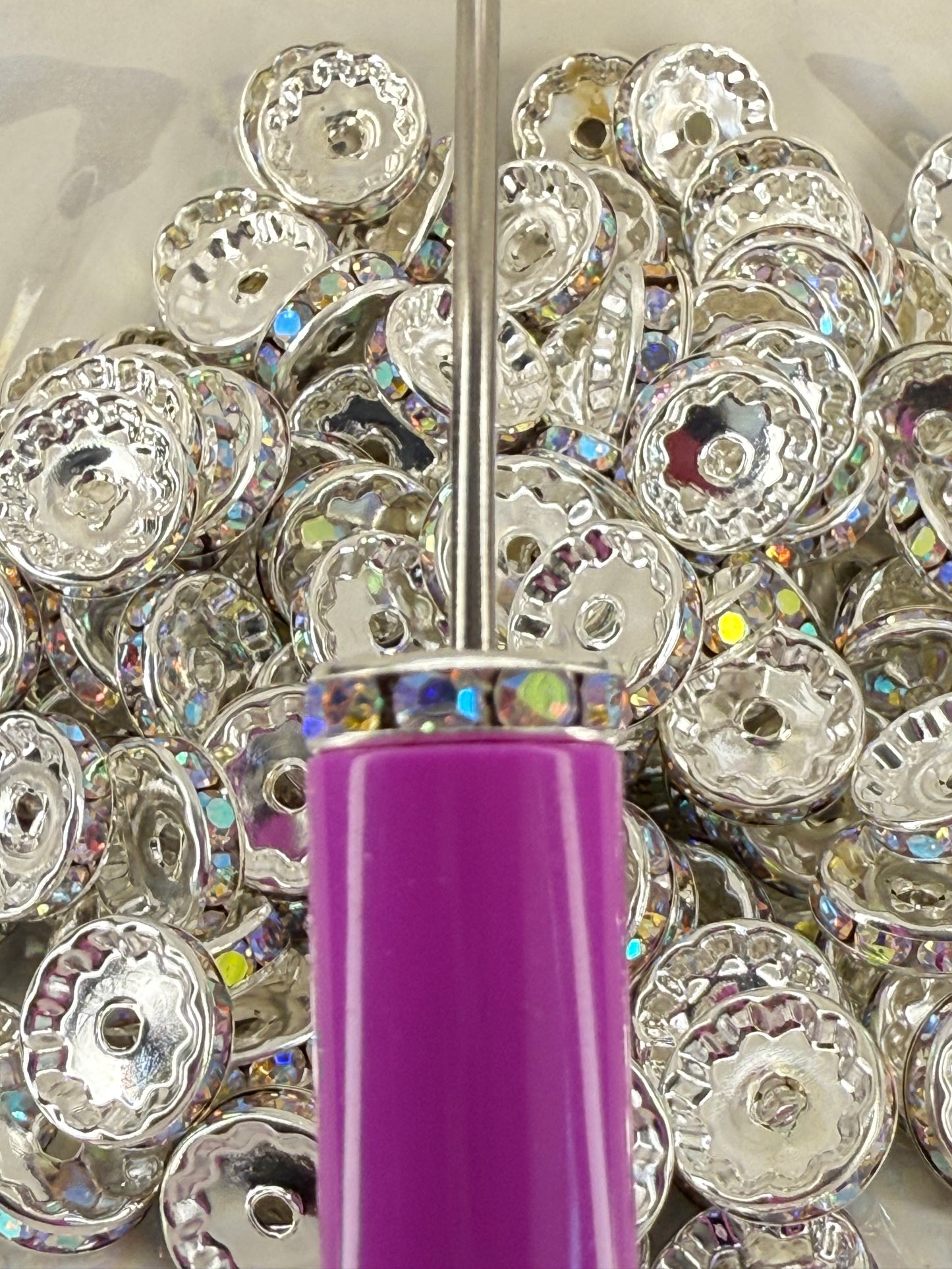 R76-(10PCS) 12mm SILVER AB Rhinestone Round Style Acrylic/Plastic Spacer Beads for DIY