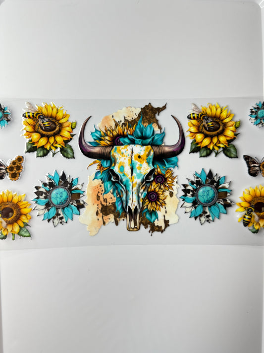 C16- Western Skull with Sunflowers, Bees & Turquoise 16OZ UV DTF Transfer Wrap/Sticker for Cup/Tumbler