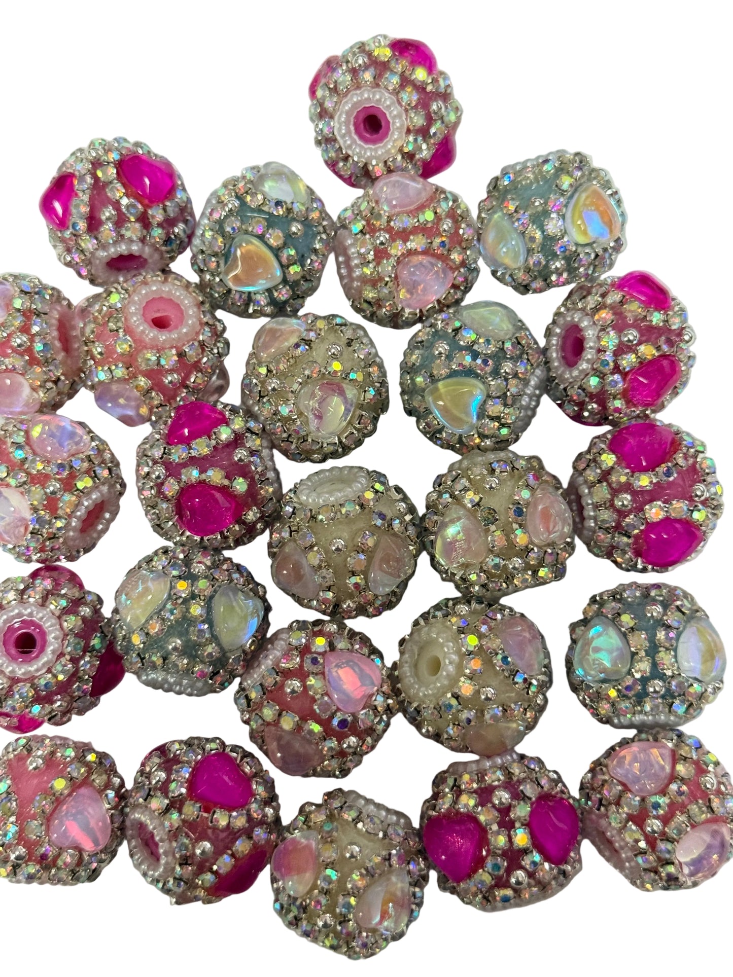R139- (5PCS) 20mm High Quality Mixed Colors Round Rhinestone W/Hearts Beads for DIY