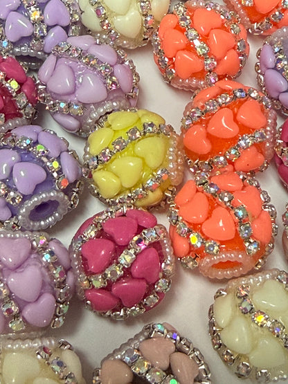 R138- (5PCS) 19mm High Quality Mixed Colors Round Rhinestone W/Hearts Beads for DIY