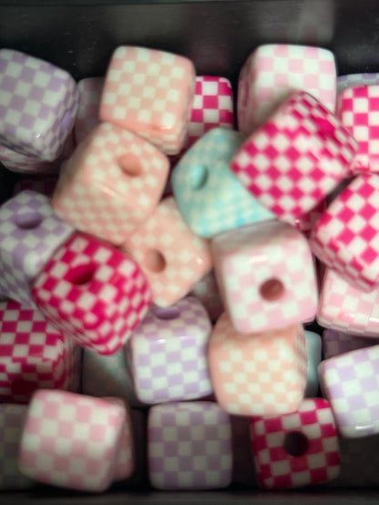 CB7- (10PCS)- 13mm Multicolor Cube/Square Checkered/Gingham Pattern Beads For DIY